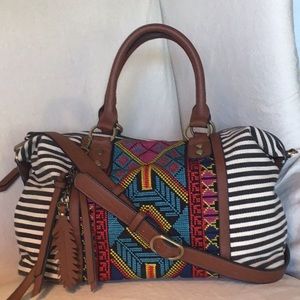 M M S Boho Boston Satchel Aztec Stripe Charcoal